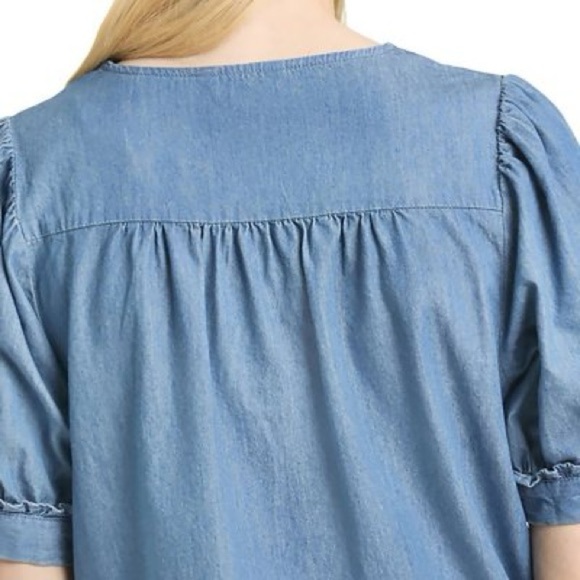 NWT Draper James 100% Cotton Chambray V Neck Puff Sleeve Blouse - Picture 5 of 7